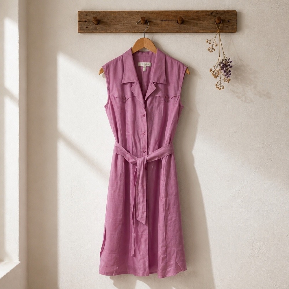 Escada Pink Linen Sleeveless Midi Shirtdress Belted Button Front Size 40